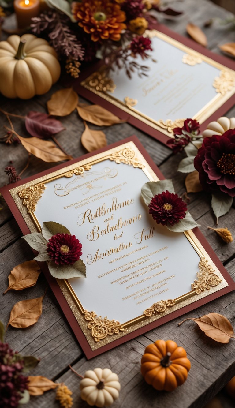 A set of gold-accented wedding invitations surrounded by autumn leaves, small pumpkins, and fall flowers on a wooden surface.
